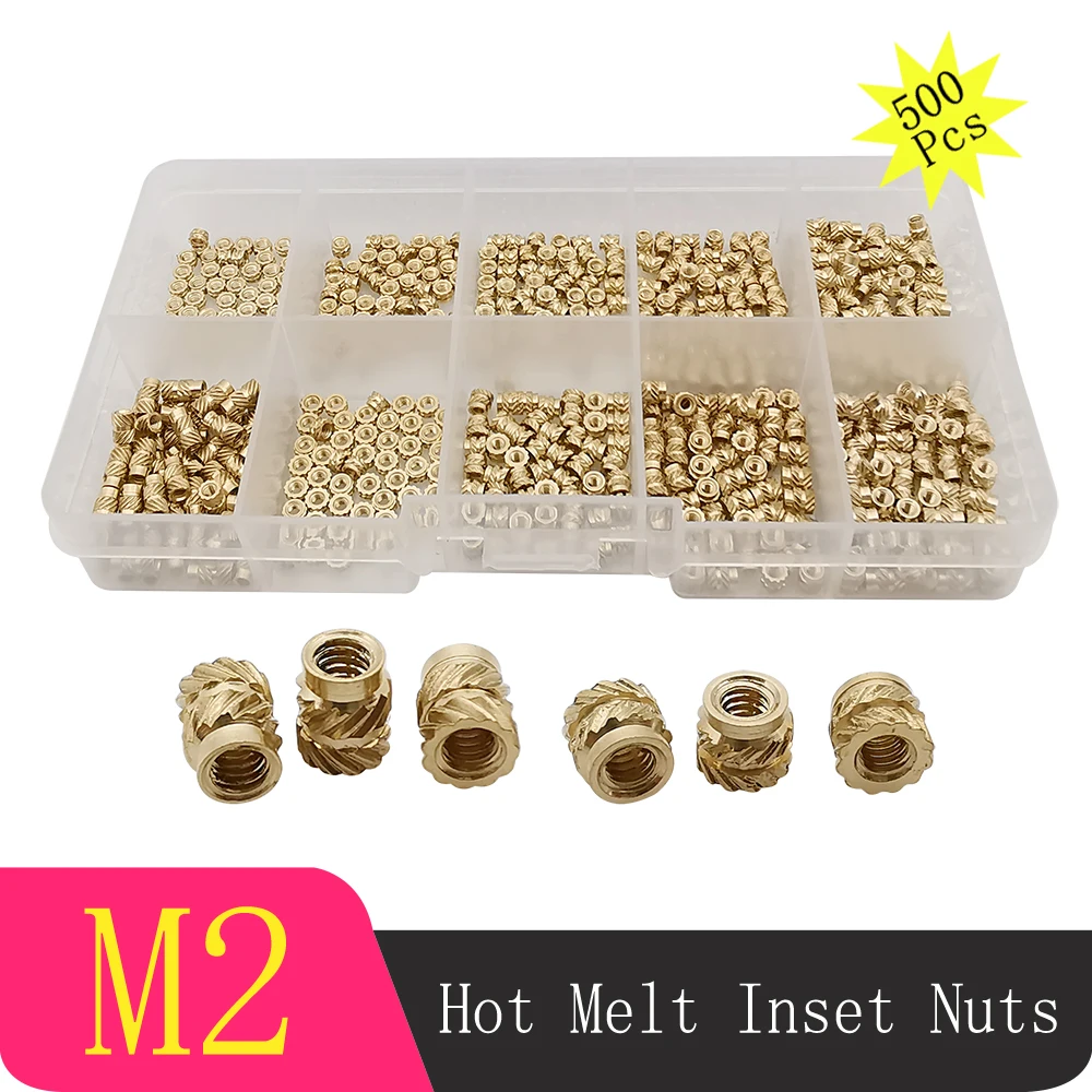 

500Pcs/Box M2 Brass Hot Melt Inset Nuts Assortment Kit m2 Brass Nut Thread Knurled Threaded Insert Embedment Nuts Set