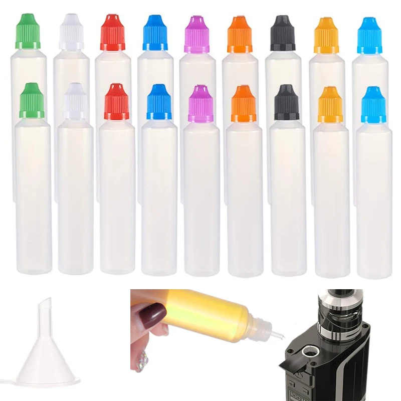 

10Pcs 30ml 60ml Plastic Squeezable Pen Dropper Bottle E juice Childproof Cap Long Thin Tip w/ Funnels Eye Liquid LDPE Containers