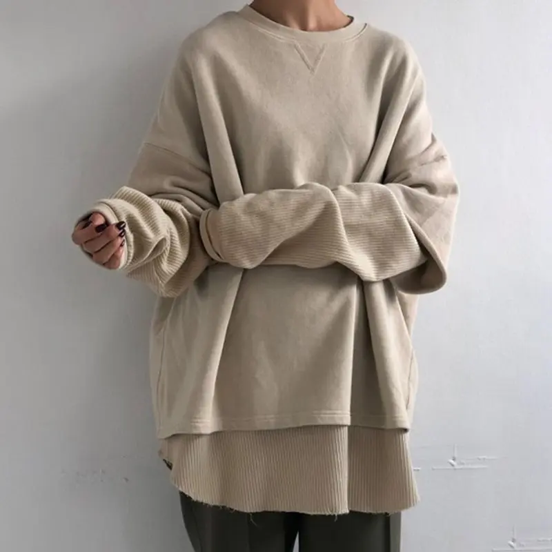 

Solid Hoodie 2019 Autumn Warm Thick Hooded Chic Style Japan Korean Sweatshirt Elegant Simple Causal Girls Fake Two Piece Clothes