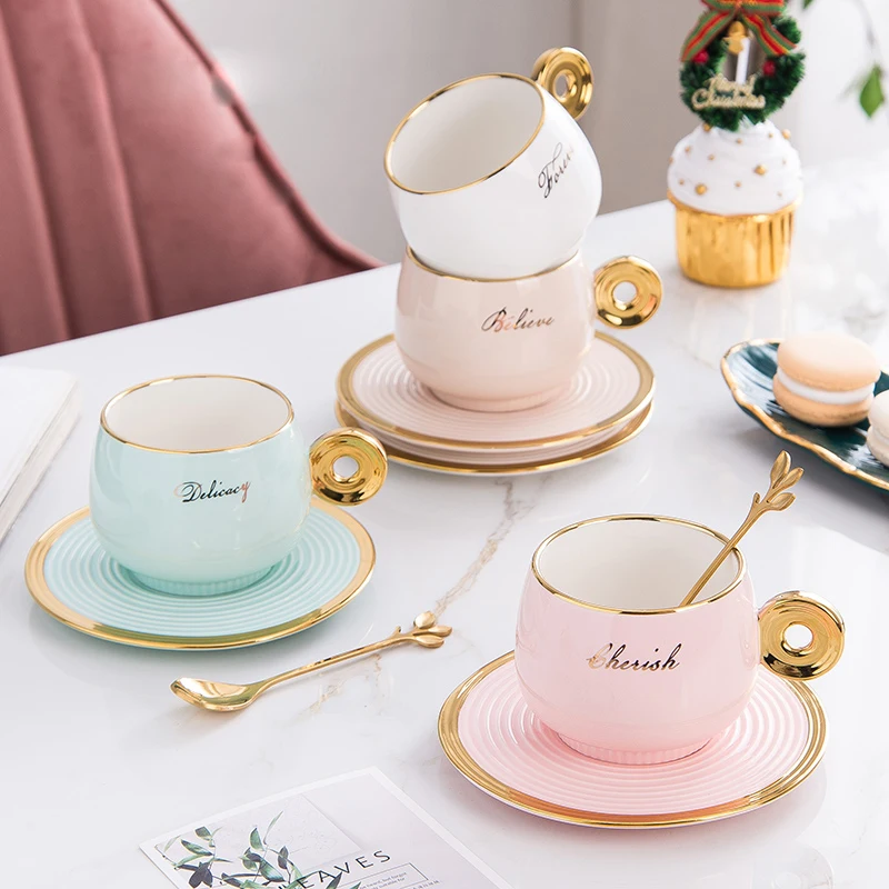 Ceramics Phnom Penh Coffee Cup And Saucer Set With Spoon Gold Rim Tea Juice Drinks Mug Children's Breakfast Milk Couple | Дом и сад