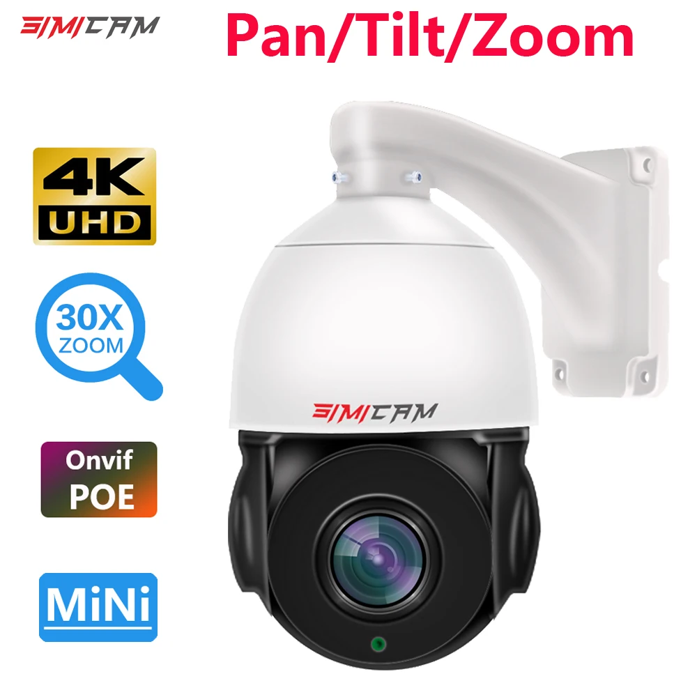 SIMICAM 8MP 4K Mini PTZ IP Camera 30XZoom Video Surveillance Onvif H.265 P2P Speed Dome POE 360Degree Rotation With SD Card Slot