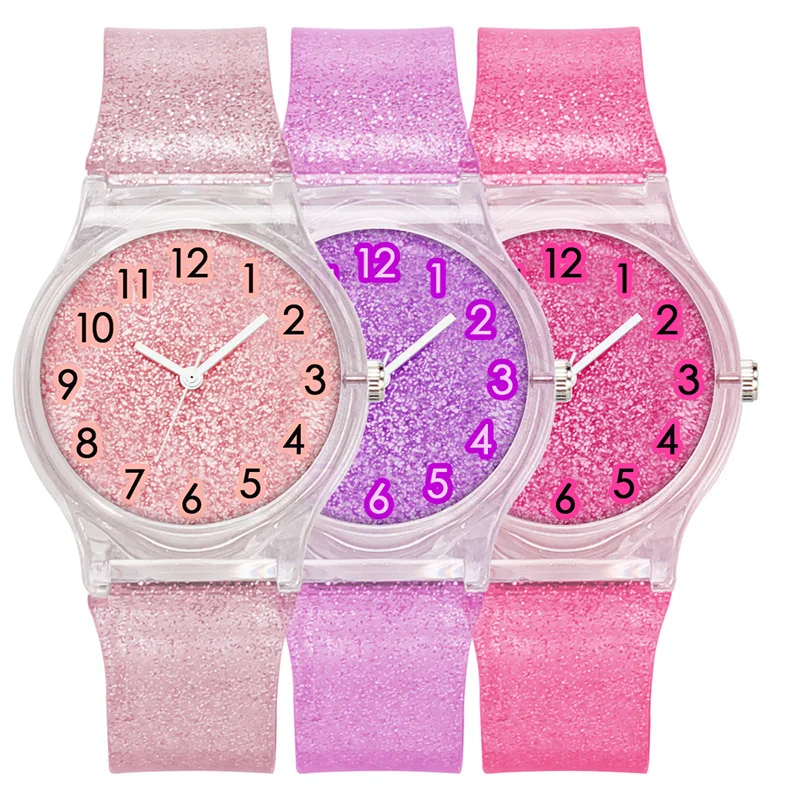 Hot Sale The New Transparent Glitter Plastic Strap The Dial Fashion Children Watch Trend Kids Watches afbeelding