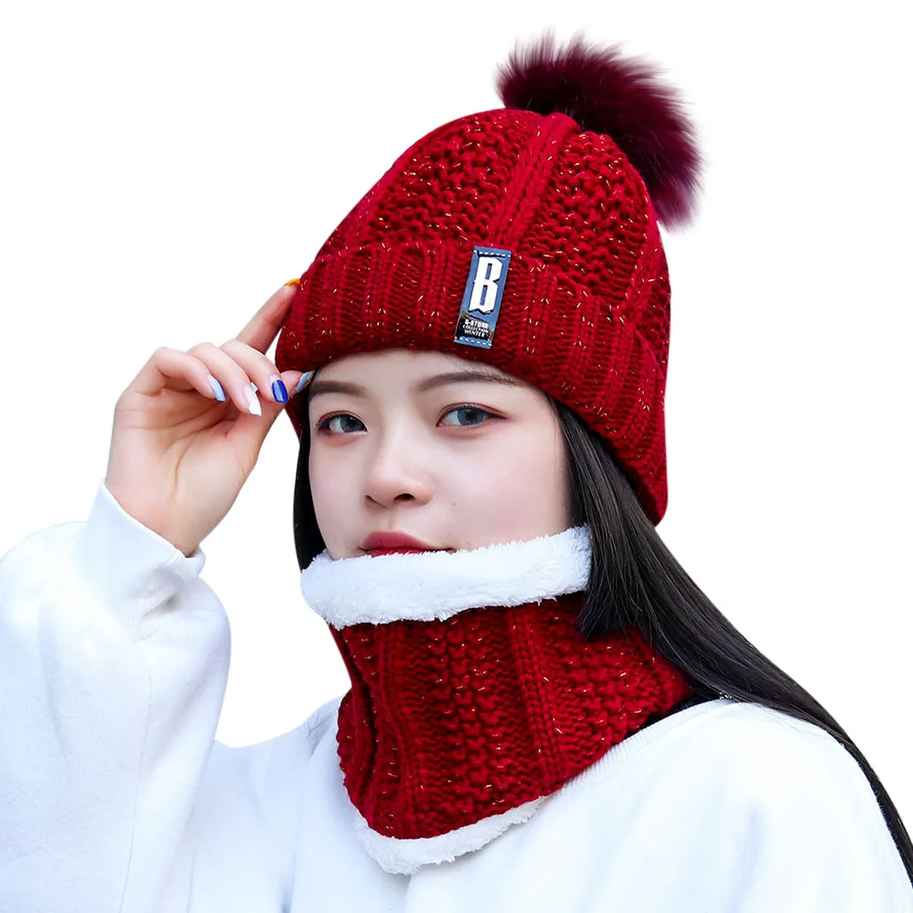 Женская теплая плотная шапка и шарф из двух частей, защищающая от ветра шапка с флисовой подкладкой, головной убор с помпоном и теплый шарф