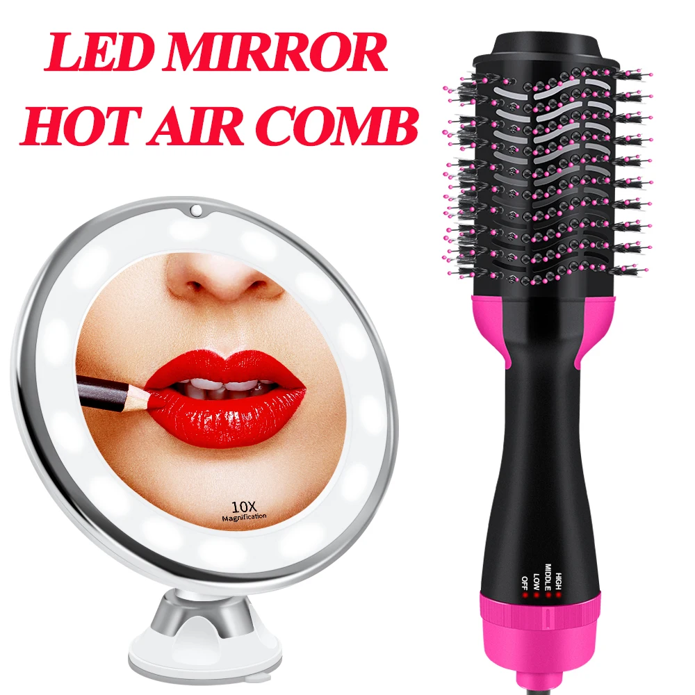 

Hot Air Brush Comb One Step Hair Dryer and Volumizer Hait Dryer Straightener Curler Styling Comb Led Mirror Kit Dropshipping
