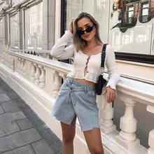 Macheda/индивидуальная цельная Асимметричная джинсовая юбка с дырками и высокой талией, хит, повседневные облегающие мини-юбки с кисточками