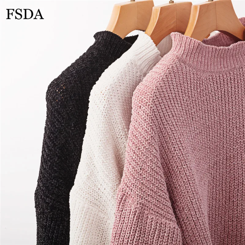 FSDA розовый короткий свободный свитер женский черный белый длинный рукав-фонарик пуловер с круглым вырезом Повседневный милый офисный вязаный укороченный свитер
