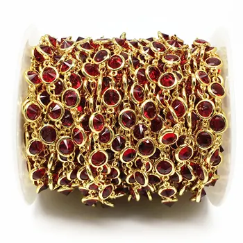 

5Meter,7mm Red Glass CZ Faceted Circular Cone beads Link Chains,Gold-Edge Glass Flat Connector Chain Necklace Fashion Jewelry