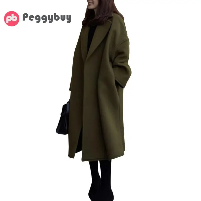 Зимнее длинное пальто, женская шерстяная куртка, модная однотонная женская шерстяная куртка с длинным рукавом, корейское свободное осенне-зимнее пальто, Прямая поставка