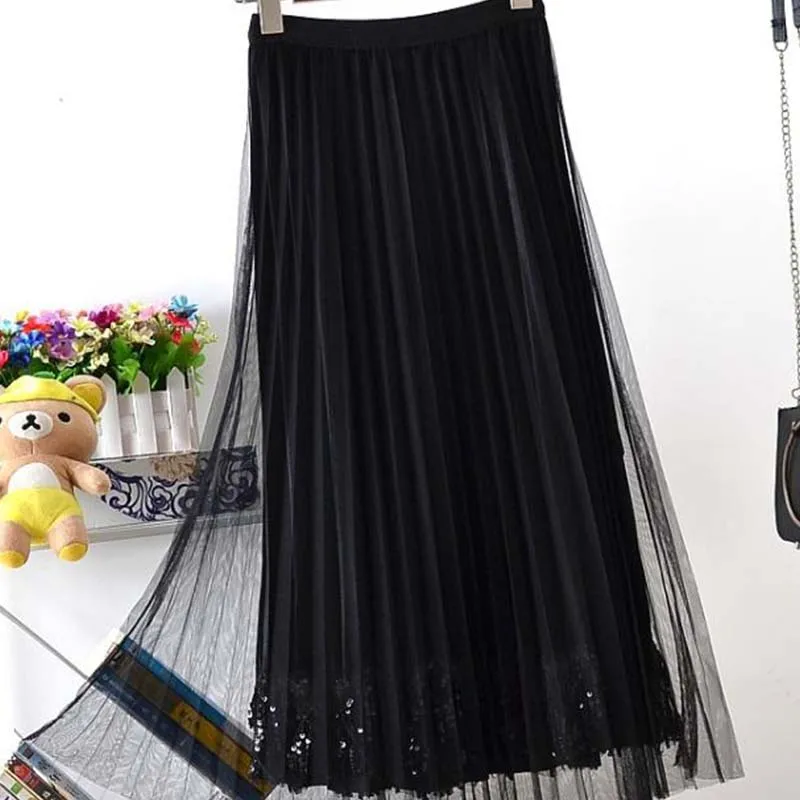 Gold Velvet High Waist Pleated Skirt Mesh Tulle Lace Stitching Sequin Bead Plus Size Two-tiered black Long Skirts women Clothes - Цвет: 851black