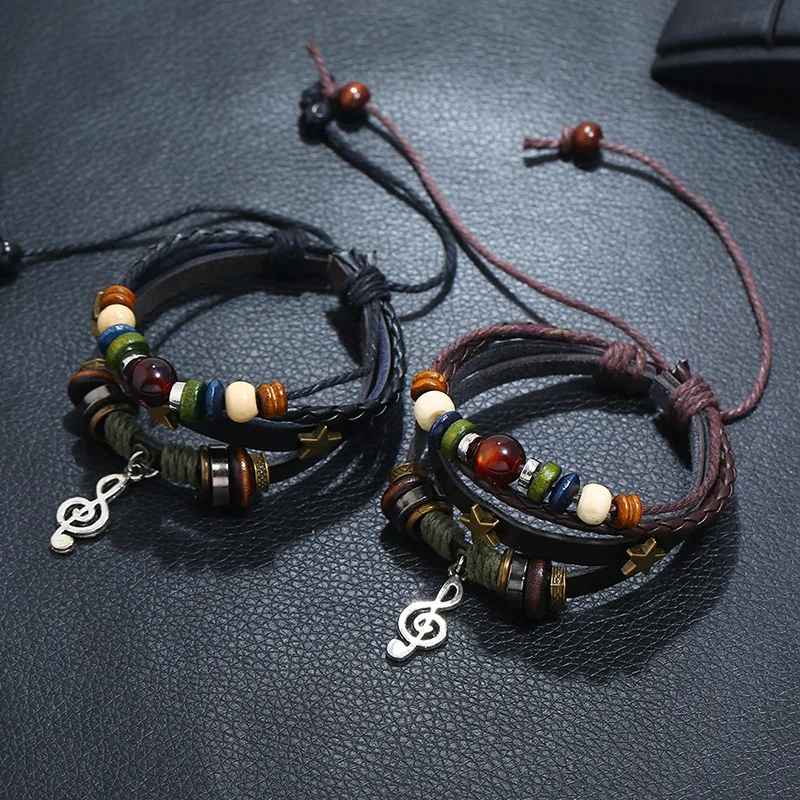 Vintage Punk Multilayer Leather Bracelet Man Women Fashion Note Accessory Bead Bracelets Charm Jewelry Wrap Adjustable Wristband