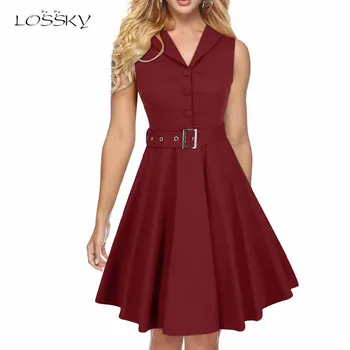 

Lossky Solid Dress Women V-neck Elegant Sleeveless Rockabilly Vintage Big Swing Belt Party Clothes Knee-length Dresses Fashion