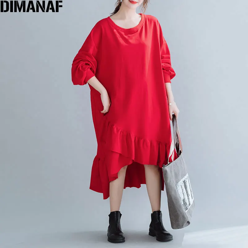 Женское платье DIMANAF размера, осенне-зимнее хлопковое платье свободного размера плюс, модное женское платье с оборками, размер 150 кг - Цвет: Tao8724-red