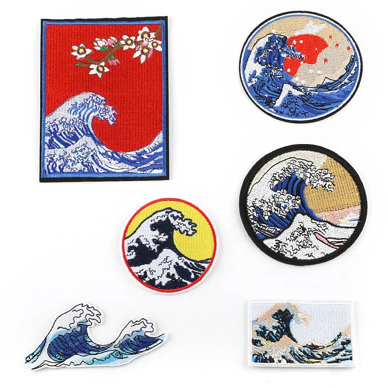 

Chinese Style Wave Oil Painting Iron On Patches For Clothing Diy Decorative Embroidery Stripe Patches Applique Badges On Clothes
