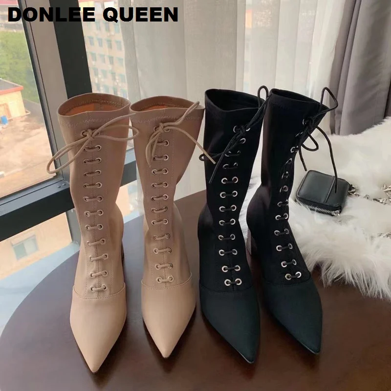 

Stretch Fabric Cross Strap Boots Women Sexy Pointed Toe High Heel Shoes Women Lace Up Boots Brand Design Fashion Metal Heel Boot