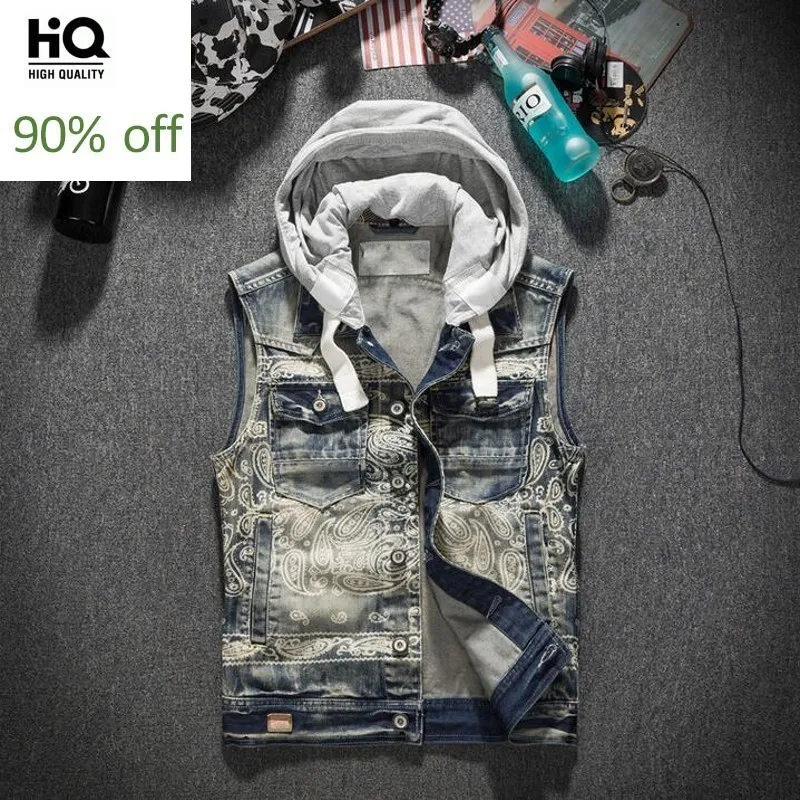 

Spring Autumn Mens Hat Detachable Denim Waistcoats Fashion Vintage Printed Single Breasted Slim Plus Size Male Sleeveless Vests