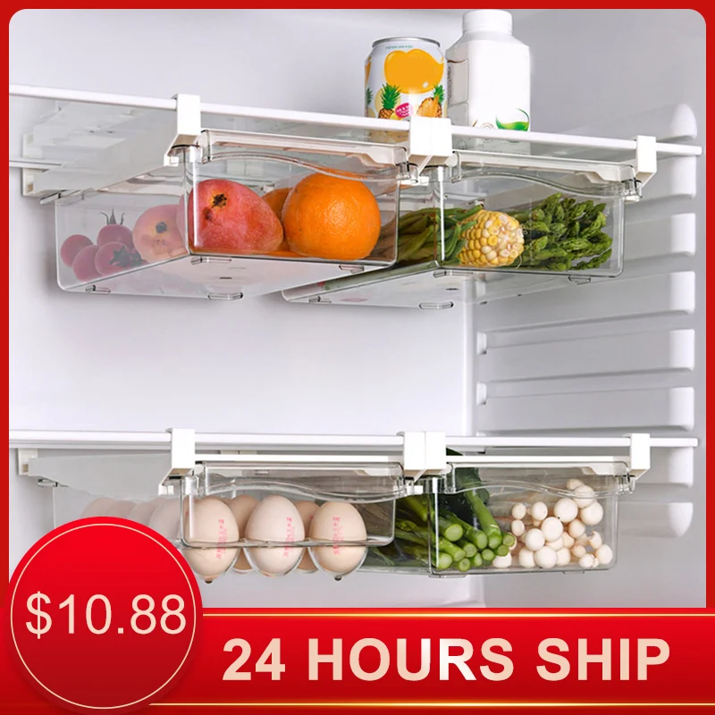 

Plastic Clear Fridge Organizer Slide Under Shelf Drawer Box Rack Holder Refrigerator Drawer Kitchen Fruit Food Storage Box