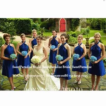 Атласные Короткие платья подружки невесты Королевского синего цвета для женщин-подростков, ТРАПЕЦИЕВИДНОЕ свадебное платье с лямкой на шее, Вечерние Платья Vestidos De Fiesta De Noche