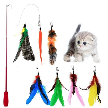

8pcs/set Pet Cat Toy Telescopic Cat Stick Teaser Wand Interactive Toys Playing Rod with Feather Replacement Heads Set