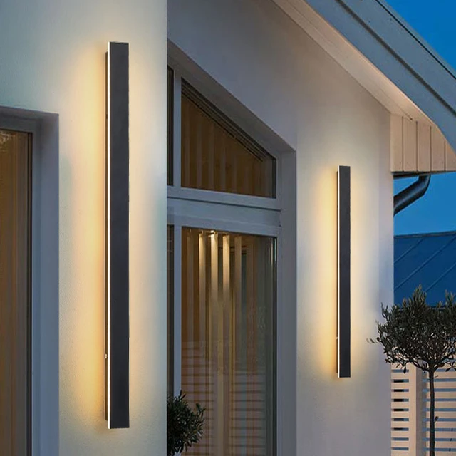  Luces LED de pared para jardín exterior, lámpara de pared de  tira larga para interiores y exteriores, aplique de pared exterior negro,  aluminio, IP67, impermeable, moderna, terraza, patio, baño, bar, iluminación