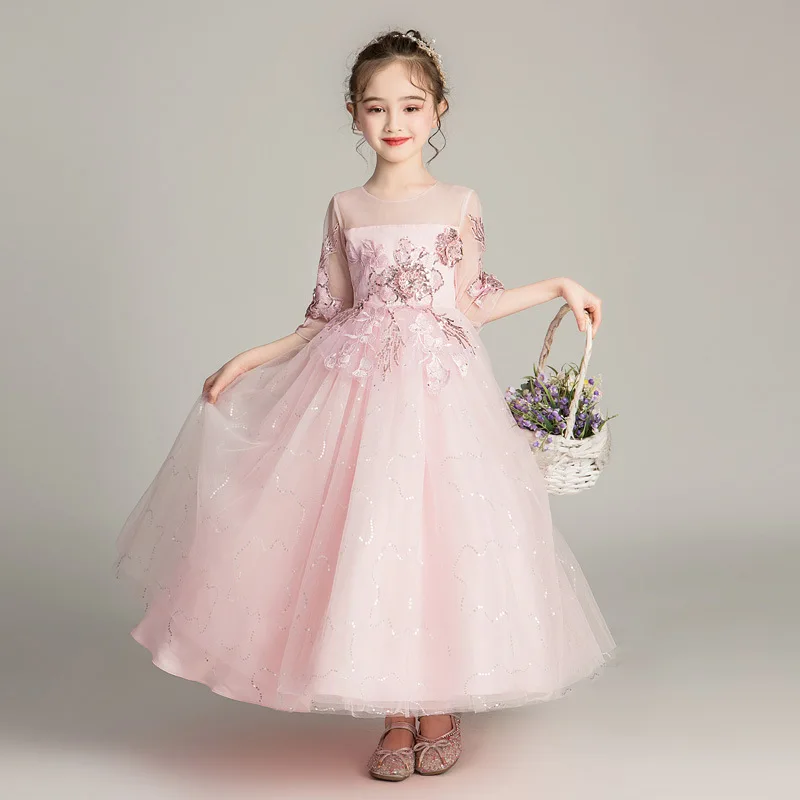 Skyyue/кружевное платье с цветочным узором для девочек на свадьбу, элегантное платье из фатина с рукавами средней длины и блестками для детей, праздничное платье для причастия, 1716 - Цвет: Pink