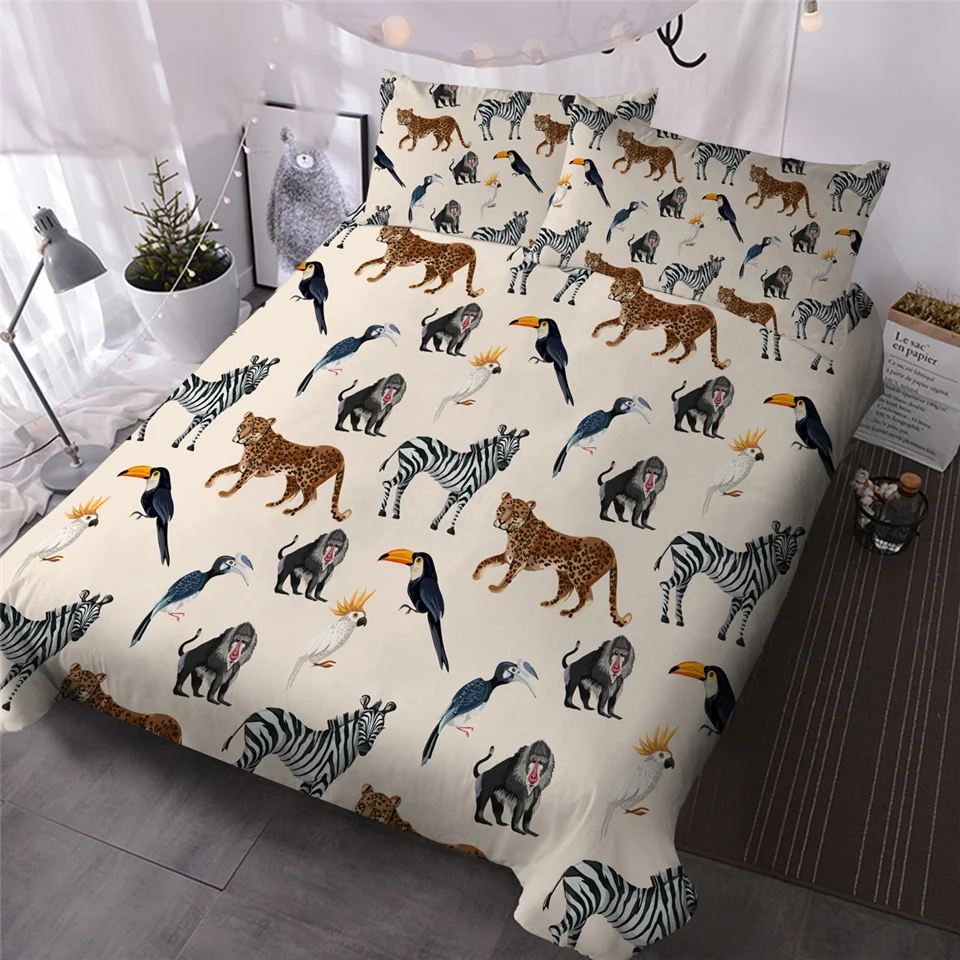 

HM Life Wild Duvet Cover Set Animals 3D Print Bedding Set Zebra Parrot Comforter Cover Monkey 3pcs Bedclothes Home Textile
