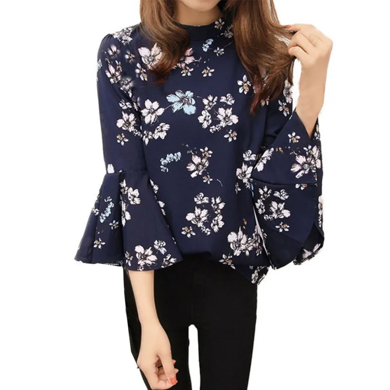 Осенняя женская шифоновая блуза с рукавами-клеш с цветочным рисунком, женские офисные Модные топы LWE56 Rk - Цвет: Blue