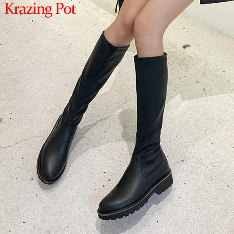 Krazing Pot/Удобная коровья кожа мода, круглый носок, средний каблук, черный цвет, зимние классические, сохраняющие тепло женские облегающие высокие сапоги L69
