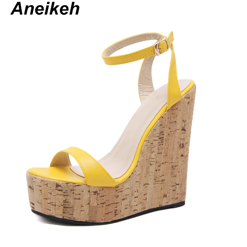 Aneikeh/модные женские босоножки из искусственной кожи на танкетке Туфли-лодочки с ремешком на щиколотке модельные туфли на очень высоком каблуке 15 см с открытым носком и ремешком с пряжкой женская обувь - Цвет: yellow