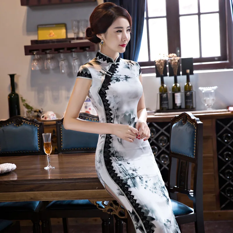 Женское кружевное платье Ципао длинное черное в стиле с цветочным принтом и