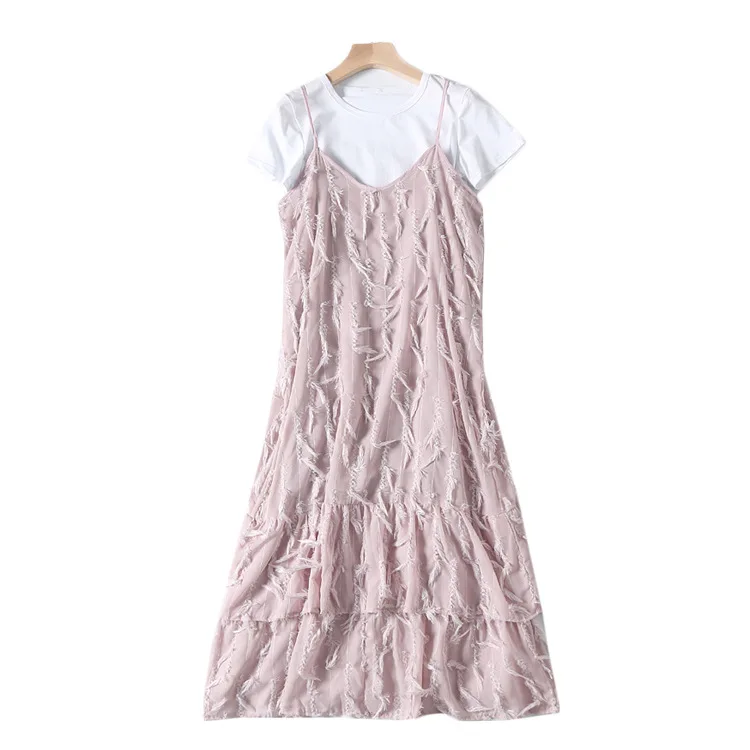 

One's Sense of Design Pink Feather Strapped Dress + T-shirt Suit Entities