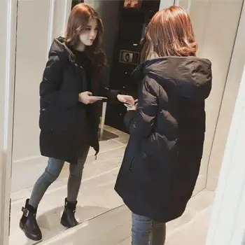 

2019 Winter New Female Fashion Pure Color Medium Length Thickening Hooded Cap Zipper Leisure Time Jacket Trend Overcoat Vestidos