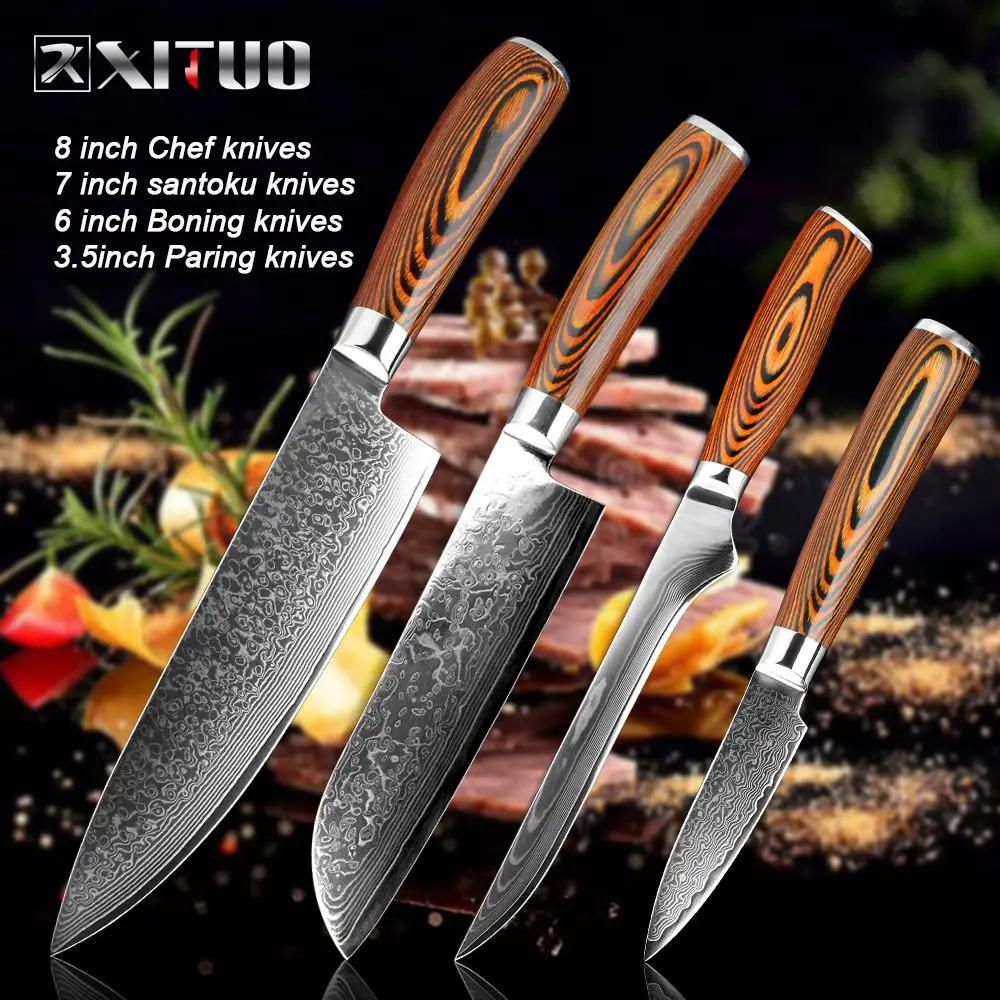 4 PCS XITUO, нож шеф-повара, дамасский костяной нож, Универсальный японский vg10, малайзийский кухонный нож, универсальный, с ручкой Микарта, Профессиональный кухонный нож - Цвет: 4 PCS