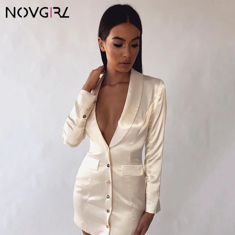Novgirl сексуальное платье с глубоким вырезом, шелковое атласное облегающее платье для женщин,, длинный рукав, на пуговицах, для офиса, для девушек, Блейзер, платье, одежда для работы, платья