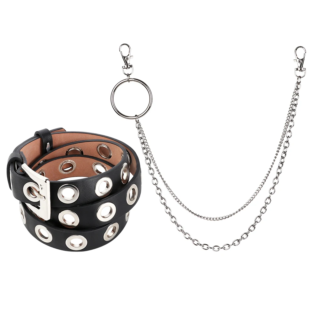 

Punk Adjustable Hook Trousers Pant Pu Leather Waist Link Belt Chain Women Belt Silver Chain Fashion Jewelry Belt Black 2Layer
