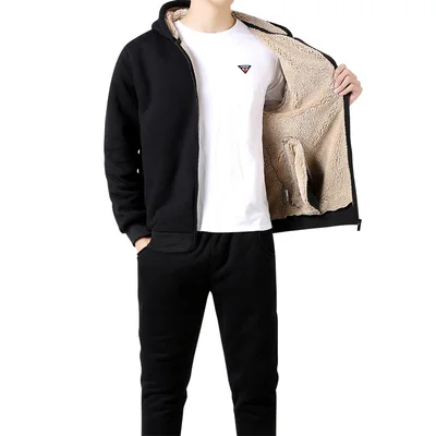 Discount Winter Men Sweat Suits Fleece Warm Mens Tracksuit Set Casual Sportwear suits jacket + pants Thick Slim Fit Sets