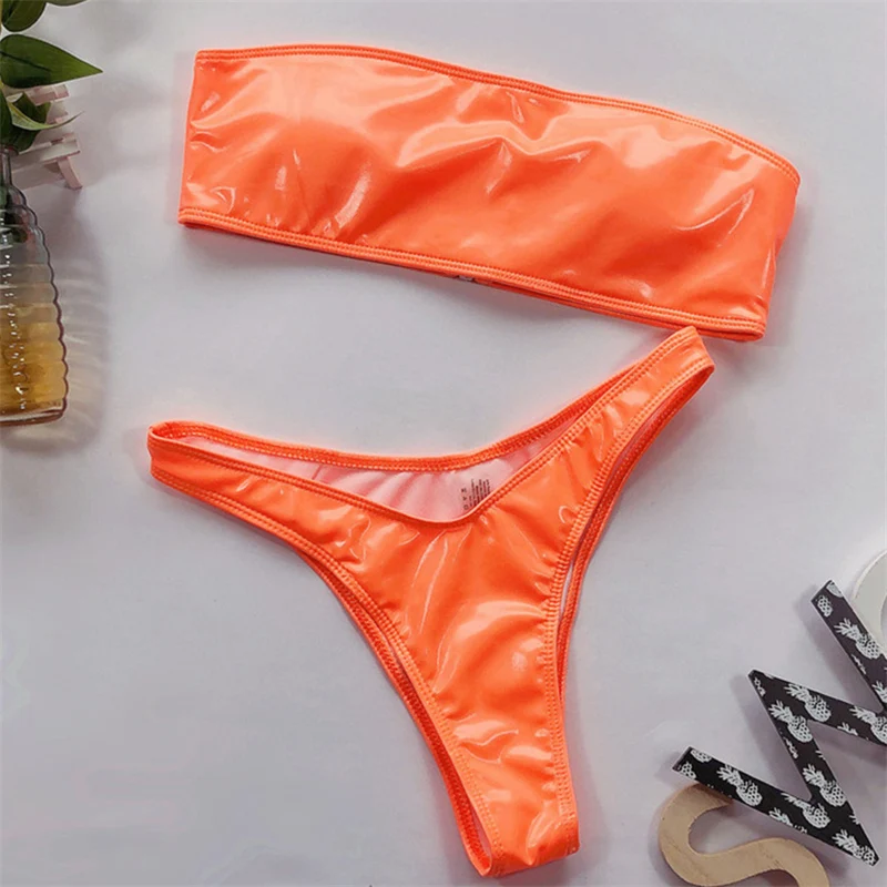 Orange GNIM, сексуальный бандаж, бикини, купальник для женщин,, Новое поступление, купальный костюм, пуш-ап, неоновый купальник, женская пляжная одежда, Одноцветный бикини, набор - Цвет: Orange