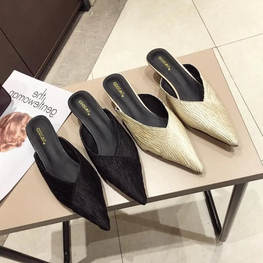 

Pointed Toe Shoes Slippers Women Summer Med Slides Heeled Mules Cover Flat 2019 Sliders Rome Basic Cotton Fabric Rubber Shoes