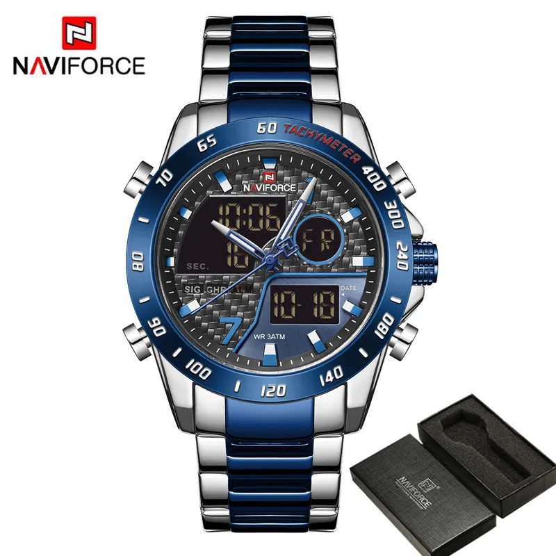 NA917003 with box NAVIFORCE, модные мужские часы, кварцевые цифровые мужские часы, военные спортивные часы из нержавеющей стали, лучший бренд, роскошные серебряные мужские наручные часы 9171 - Цвет: NA917003 with box