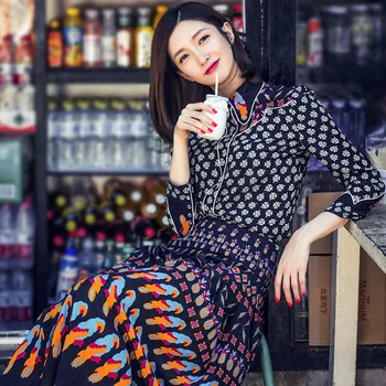 

Jiang Shuying Star of the Same Paragraph Europe Summer Runway Show Women's Clothing Customs Retro Print Long-Sleeve Dress