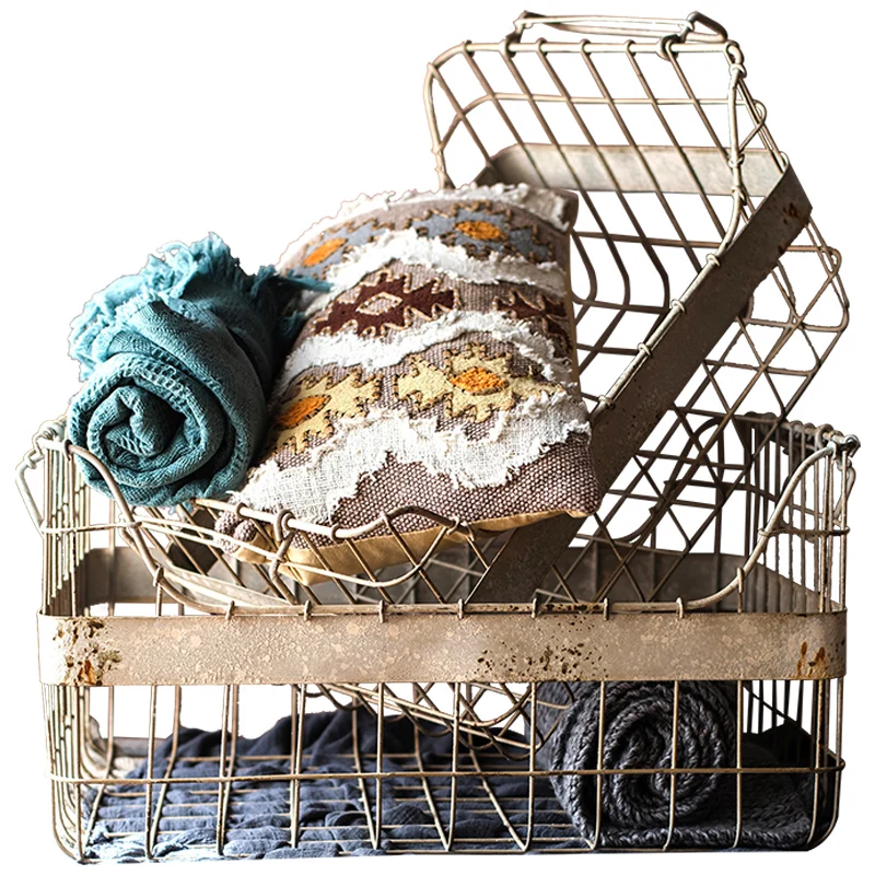 

stack 2 pieces handmade retro rustic metal basket with handles
