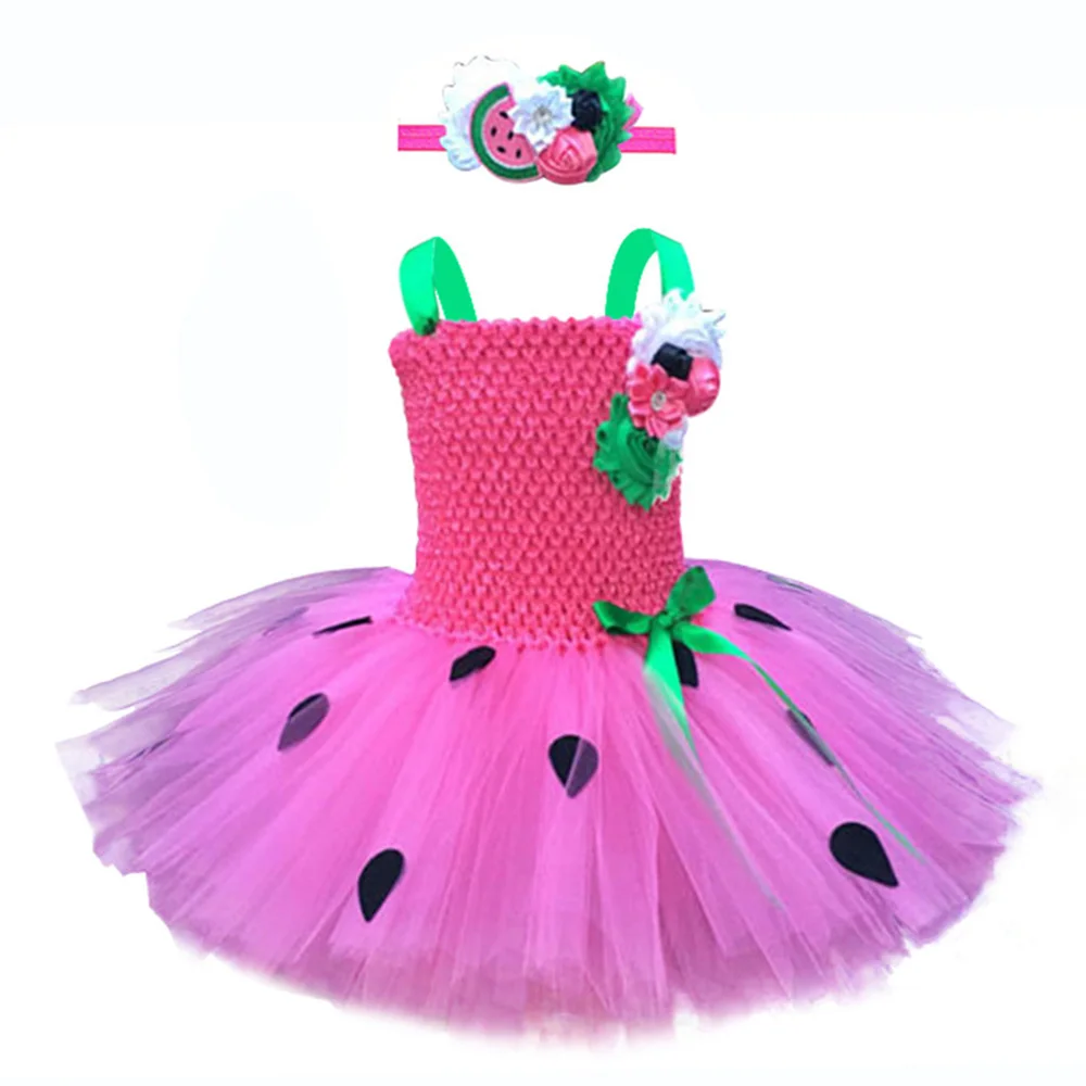 Pink Girls Dress Милый костюм арбуза на Хэллоуин для девочек, летняя одежда для маленьких девочек детское праздничное платье-пачка в черный горошек с бантом в виде цветка и арбуза - Цвет: Pink Girls Dress
