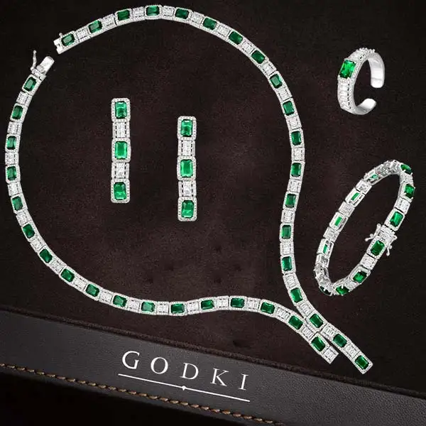 GODKI известный бренд очаровательные свадебные комплекты ювелирных изделий Изготовление комплекты украшений для женщин эффектное ожерелье серьги аксессуары - Окраска металла: Green