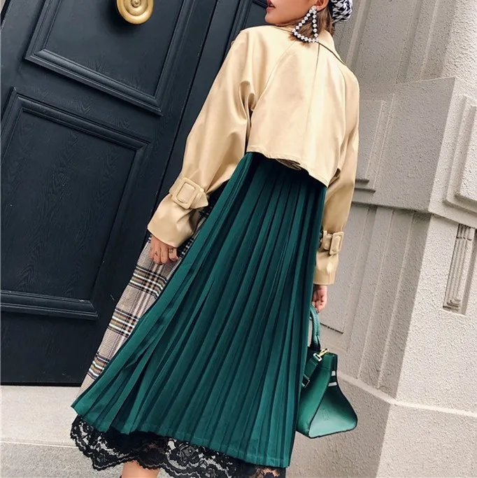 

Autumn Women Long Sleeve Turn-down Long Coat Khaki Pleated Plaid Patchwork Trench