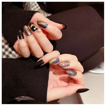 

24pcs/box with 2g glue false nails with designs Glitter Paillette Moon Artificial Nails press on for girls Decor Accessories