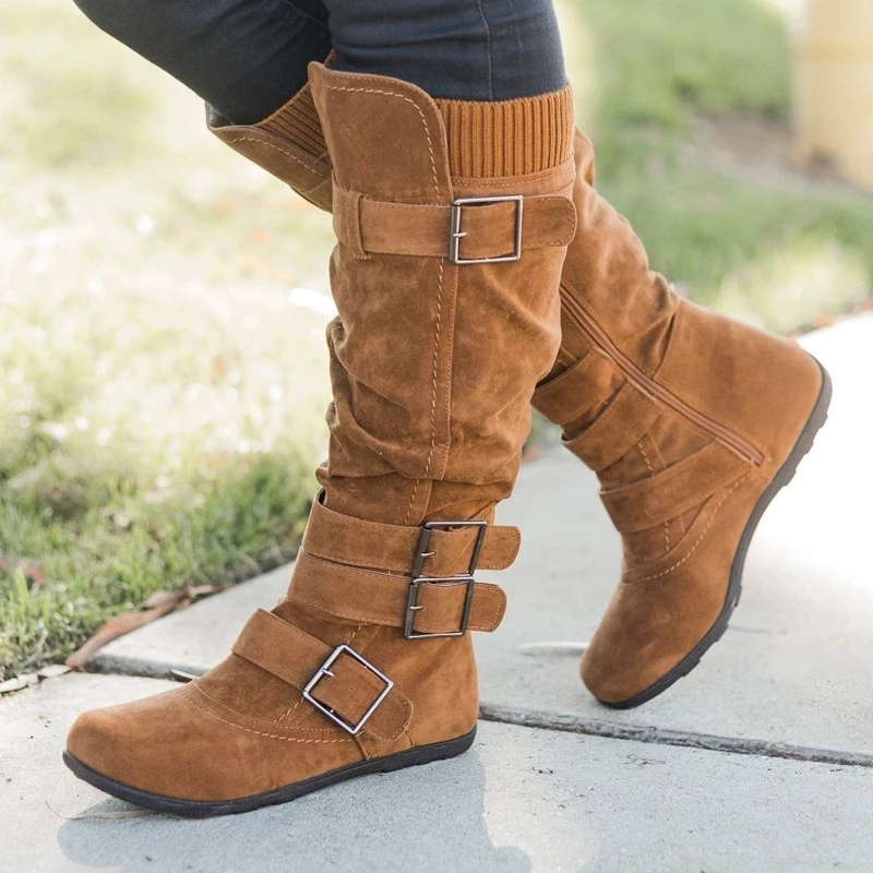 

PUIMENTIUA Winter Long Boots Women Knee Snow Boots Metal Buckle High Heel Boots Thick Fur Shoes Women Footwear Big Shoes