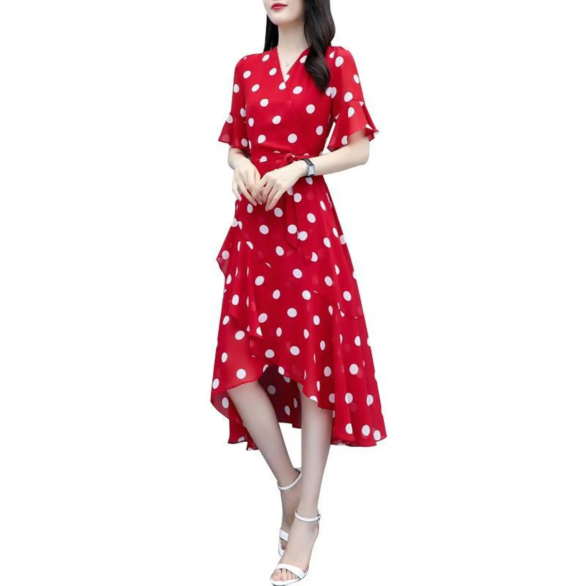 Polka Dot Dress 2020 Summer New Style V-neck Fairy Immortal Chiffon Dress Sweet Waist Hugging Slimming Dress