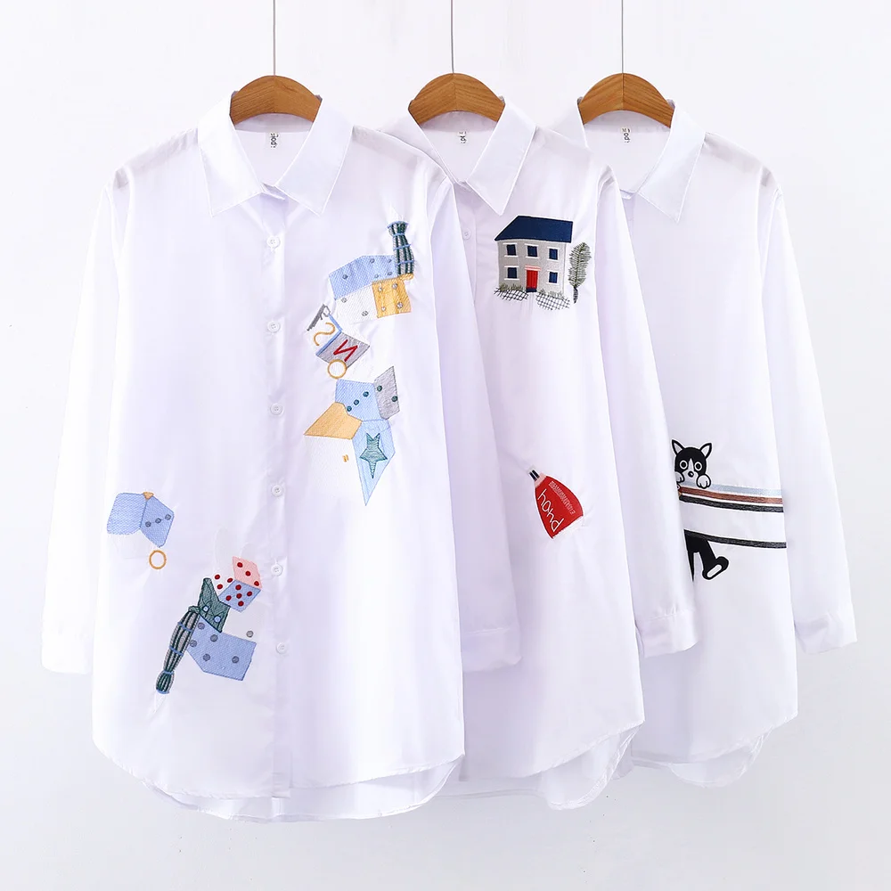 

Spring White Shirt OL Style Women's blouse Women Loose Blouses Casual Office Ladies Femme Workwear Cat House Embroidery Tops