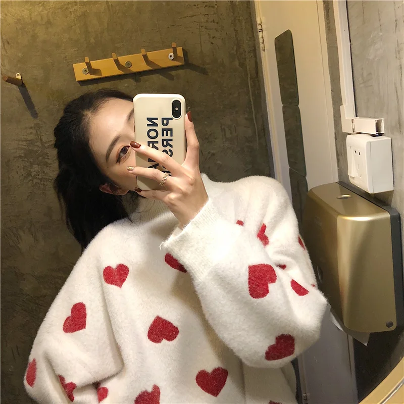 Осень, новинка, Корея, ins, Harajuku, милый, милый, длинный рукав, вязаный свитер, женский, модный, свободный, с капюшоном, любовь, Повседневный, женский, вязаный свитер
