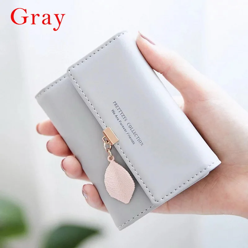 Gray SHUJIN, женский короткий кошелек, изысканный кулон в виде листа, кошелек для монет из искусственной кожи, отделения для карт, милые мини держатели для карт, Женский кошелек, модный - Цвет: Gray