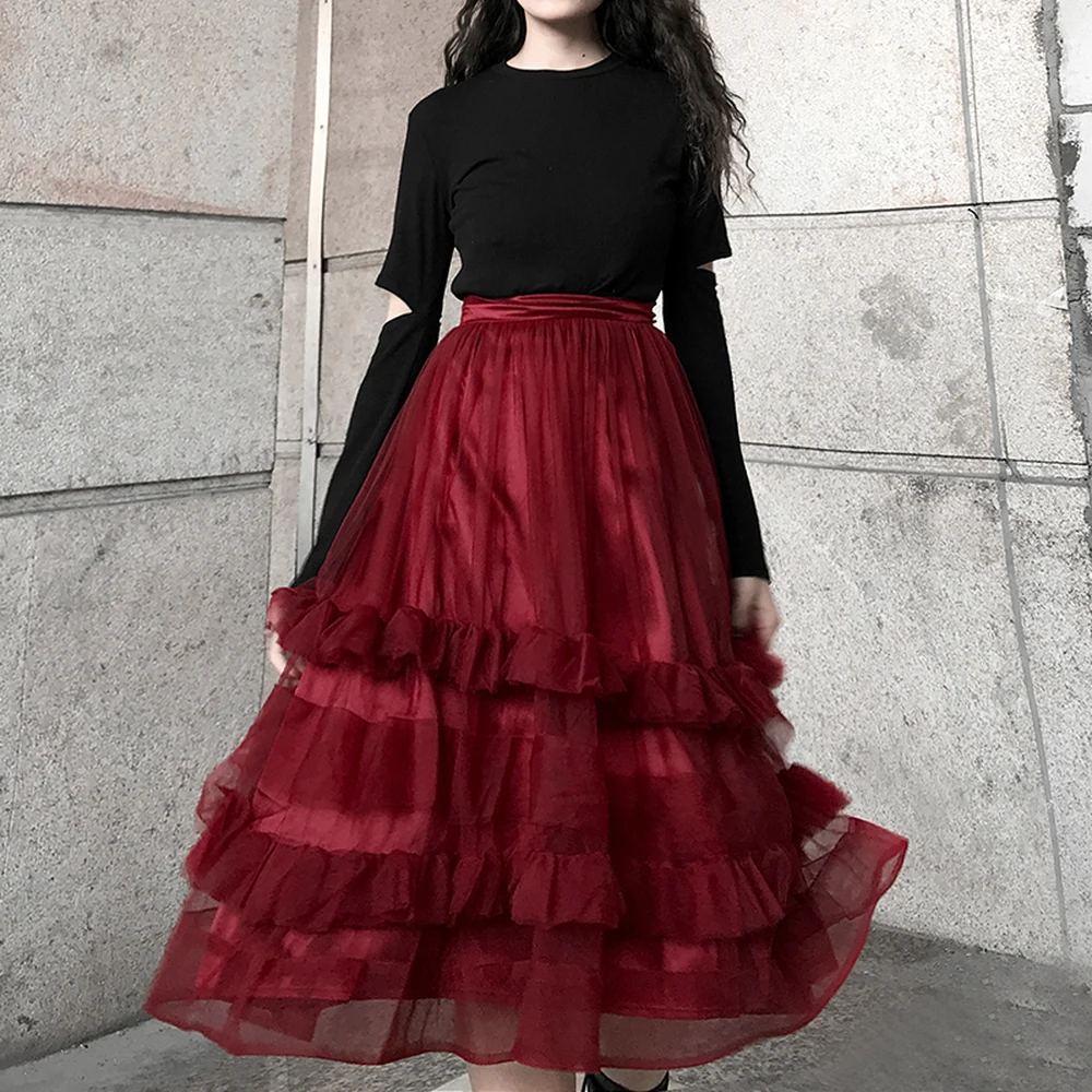 

2020 Women Spring New Style Burgundy Ball Gown Skirt Temperament Retro High Elastic Waist Patchwork Mesh Half Body Skirt